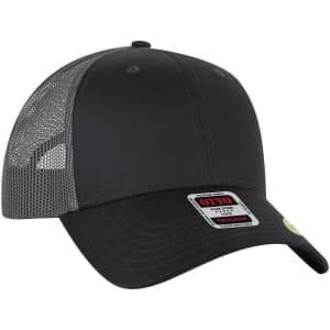 A low profile trucker cap in black with a grey mesh back and a logo on the front.