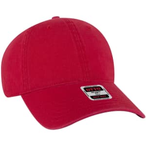 A red six-panel low profile dad cap featuring a curved brim and an adjustable strap at the back. It has a logo.
