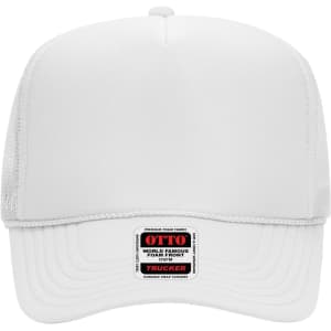A white 5 Panel High Crown Trucker Cap with a mesh back and a branded logo on the front panel.