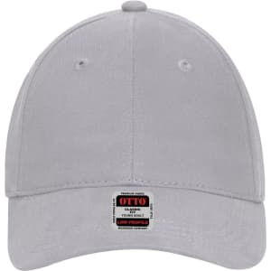 A grey 6 panel low profile baseball cap featuring a logo on the front.