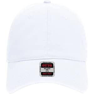 A white 6 Panel Low Profile Dad Cap featuring a logo. The cap has a relaxed fit and is made from premium fabric.
