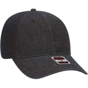 A black 6 panel low profile dad cap with a curved brim and a logo on the side.