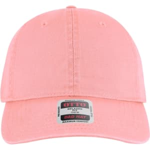 A pink 6-panel low-profile dad cap featuring a logo on the front and a relaxed fit design.