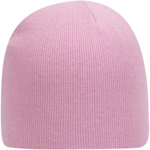 A pink knit beanie with a ribbed texture and a rounded top. It features a logo on the side.