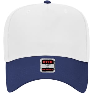 A white and navy blue 5 Panel Mid Crown Baseball Cap with a logo on the front.