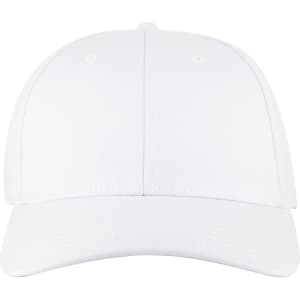 A white 6-panel low profile baseball cap with ventilation holes and a curved peak, featuring a logo on the front.