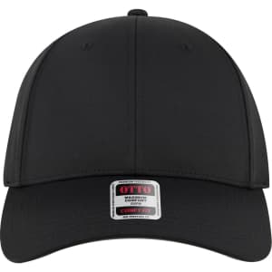 A black 6 panel low profile baseball cap with a logo on the front and a tag for "Comfy Fit."