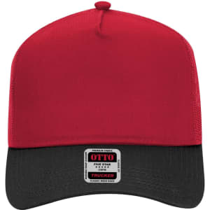 A red and black 5 panel mid profile trucker cap with a logo on the front and a flat brim.