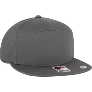 A grey 7 Panel Mid Profile Snapback Cap with a flat brim and a logo on the side.