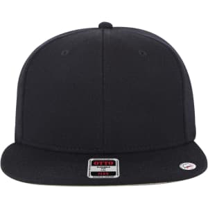 A black 6 panel mid profile style baseball cap with a tag and a logo on the front.