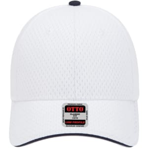 A white 6 panel low profile baseball cap with a dark navy brim and a logo on the front.