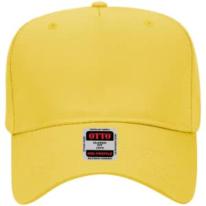 A yellow 5 panel mid crown baseball cap with a logo on the front.