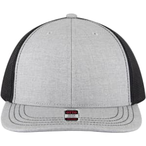A grey and black 6-panel mid-profile trucker cap with a mesh back and a logo on the front.