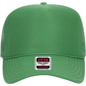 A green 5 Panel High Crown Trucker Cap with mesh sides and a branded label on the front.