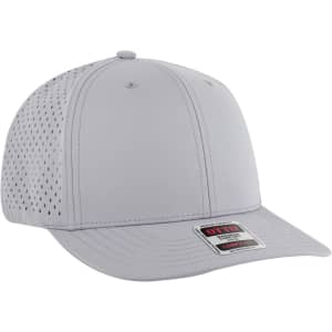 A grey 6-panel mid-profile baseball cap with decorative perforations and a logo on the front.