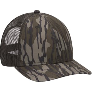 A low-profile baseball cap featuring a camouflage design in shades of brown and green, with a mesh back and a logo.