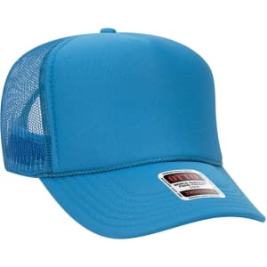 A high crown trucker cap in bright blue with a mesh back and a label on the front.