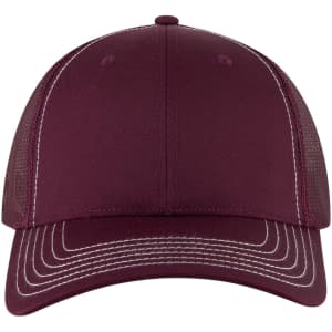 A maroon 6-panel low profile trucker cap with mesh sides and contrast stitching, featuring a logo on the front.