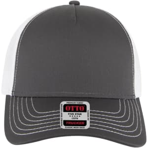 A 5 panel low profile trucker cap in grey and white, featuring a mesh back and a logo on the front.
