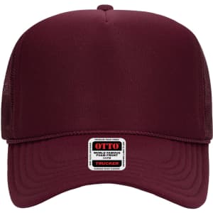 A maroon 5 panel high crown trucker cap with a mesh back and a small brand label on the front.