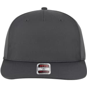 A grey 5 Panel Pro Style Snapback Hat with a flat brim and an adjustable snap closure. Features a branded tag.