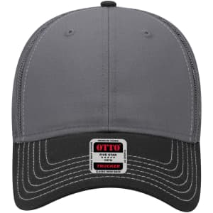 A grey 6 panel low profile trucker cap with a black peak and a mesh back, featuring a logo on the front.