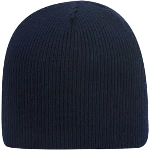 A navy blue classic knit beanie with a ribbed texture, featuring a logo on the side.