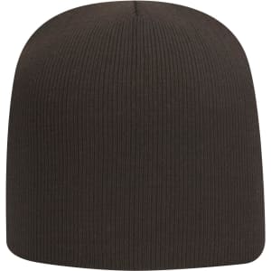 A classic knit beanie in a dark brown colour with a ribbed texture and a logo.