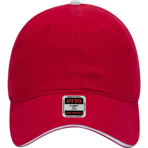 A red low profile baseball cap with a logo, featuring a rounded crown and a curved peak.