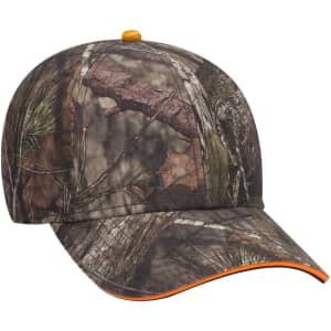 A camo patterned low profile baseball cap featuring earthy tones and an orange accent on the brim.