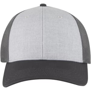 A grey and black low profile trucker cap with a mesh back and a logo on the front.