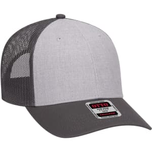 A grey 6-panel low profile trucker cap with a dark grey peak and mesh backing, featuring a logo on the front.