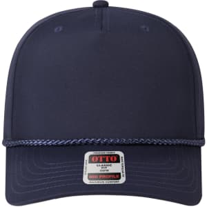 A navy blue 5-panel mid profile baseball cap with a braided detail and a logo on the front.