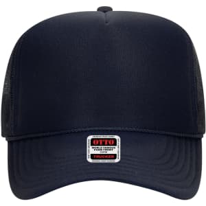 A navy blue 5 panel high crown trucker cap with a mesh back and a logo on the front.
