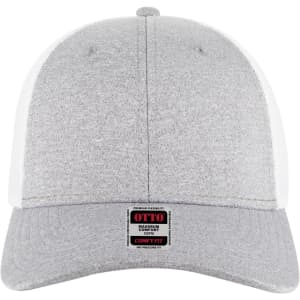 A grey and white six-panel low profile baseball cap featuring a front panel with a textured finish and a logo.