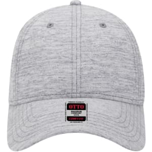 A grey low profile baseball cap with a six-panel design and a logo on the front.