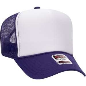 A 5 Panel High Crown Trucker Cap in purple and white, featuring a mesh back and a branded tag.