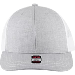 A grey 6 panel mid-profile trucker cap with a white mesh back and a branding label on the front.