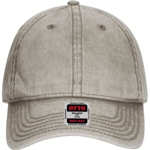 A grey 6 panel low profile dad cap with a logo tag on the front. Features a relaxed fit and fabric texture.