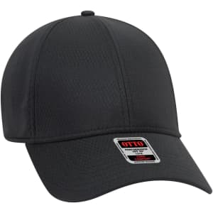 A black UPF 50+ 6-panel low profile baseball cap with a logo on the front.