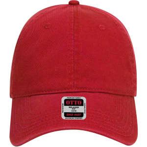 A red 6 panel low profile dad cap with a logo on the front and a relaxed fit.