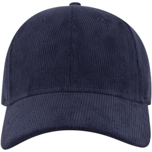 A navy blue corduroy six-panel low-profile baseball cap with a logo on the front.