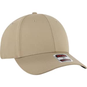 A beige 6 panel low profile baseball cap with a fitted design and a branded label on the side.
