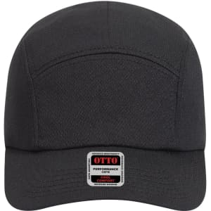 A black 5-panel running cap featuring a logo and a structured crown design. The cap has a flat brim.