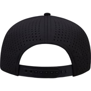 A black 5 panel mid profile baseball cap featuring a perforated design and an adjustable strap at the back.