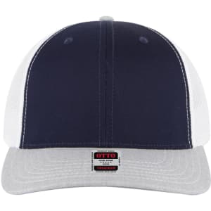 A navy and grey 6 Panel Mid Profile Trucker Cap with a mesh back and a logo on the front.