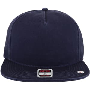 A navy 5 Panel Low Profile Style Dad Cap featuring a flat brim and a logo on the front.