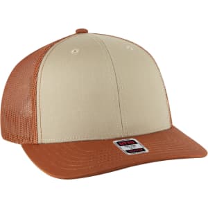 A mid-profile trucker cap featuring a cream front and dark orange mesh sides. It has a branded label on the front.