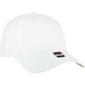 A white six-panel low profile baseball cap with a branding logo on the front.
