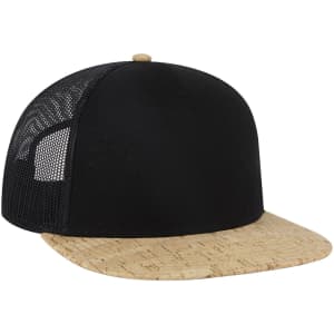 A black 5 Panel Pro Style Trucker Cap with a cork-patterned brim and mesh back. Features a logo on the front.